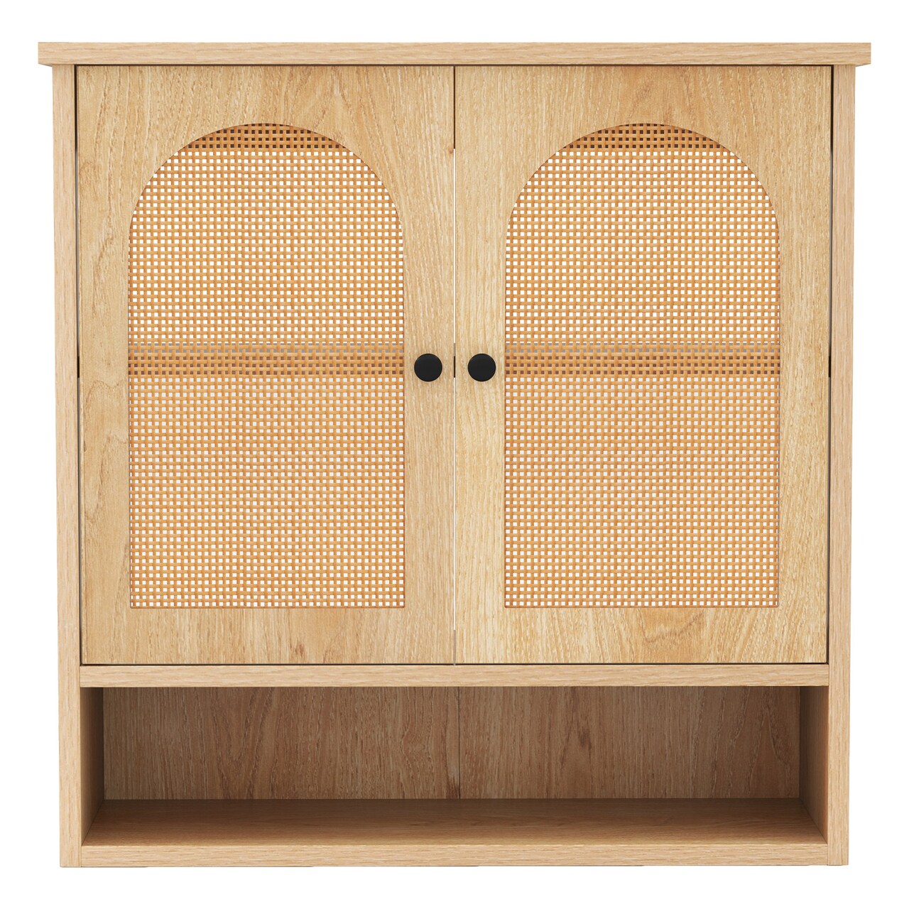 Natural MDF Engineered Wood Bathroom Wall Cabinet with Rattan Doors and Shelf